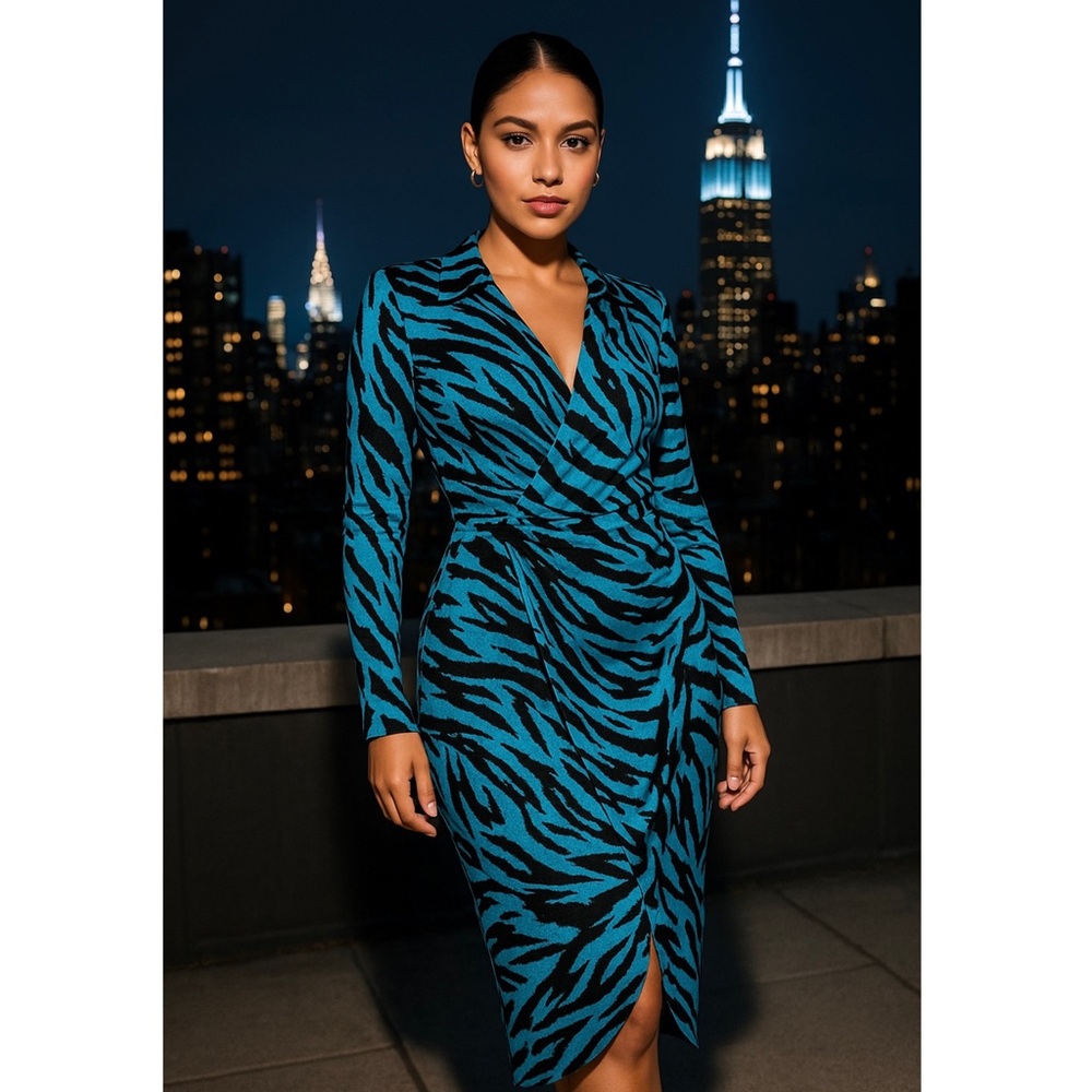 RONNY KOBO Animal Print Satin Long Sleeve Collared Draped Faux Wrap Midi Dress M